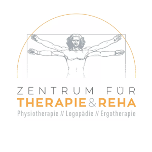 Logo mit stilisierter Vitruv-Mensch-Figur in einem Kreis und dem Text 'ZENTRUM FÜR THERAPIE & REHA Physiotherapie // Logopädie // Ergotherapie'