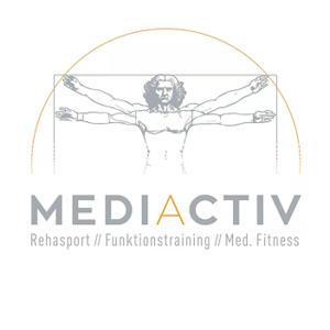 Schwarz-weiße Linienzeichnung des Vitruvianischen Menschen mit ausgestreckten Armen und Beinen über dem Schriftzug 'MEDIACTIV Rehasport // Funktionstraining // Med. Fitness'
